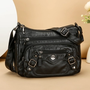 Classic black large capacity shoulder bag in soft PU leather with multi-pocket design