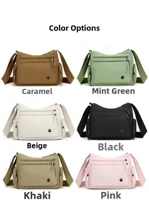 Oxford cloth crossbody bag detail showing six available colors and multi-pocket layout