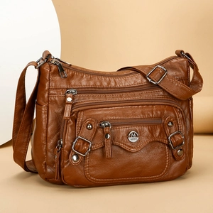 Retro caramel PU leather shoulder bag with multiple pockets and adjustable strap