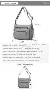 Nylon shoulder bag size comparison with iPhone 12 showing dimensions and pockets