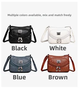 Collage of soft leather crossbody bags in four colors with stylish woven edge details