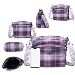 Purple plaid crossbody bag with wide strap and multiple pockets in a multi-angle view