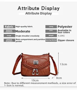 Detailed size view of a soft brown multi-pocket crossbody bag with zipper closure
