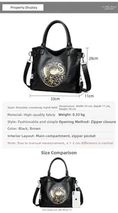 Detailed size comparison of black tote bag with elephant relief and iPhone 12