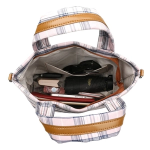 Pink and grey plaid tote bag showing spacious interior with daily essentials items