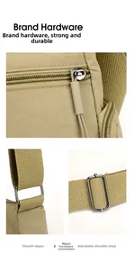 Detail of smooth metal zippers and adjustable strap on khaki nylon crossbody bag