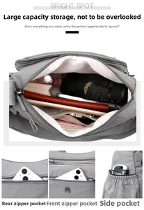 Détail du sac bandoulière en nylon montrant la grande capacité et poches multiples
