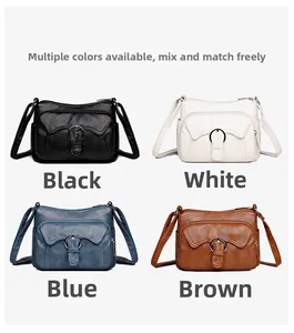 Four colors of vintage faux leather crossbody bags with textured finish and buckle pockets
