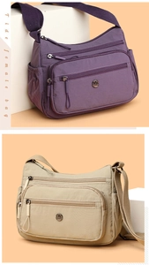 Détail du sac bandoulière en nylon imperméable avec poches zippées multicouches et logo M