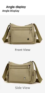 Front and side angle view of a large capacity oxford cloth crossbody bag with pockets