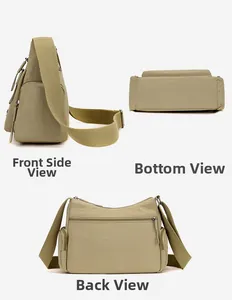Detailed views of khaki oxford crossbody bag showing side, bottom and back storage compartments
