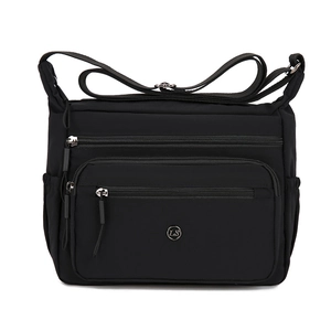 Lightweight black nylon crossbody bag with multi-zipper pockets and adjustable strap