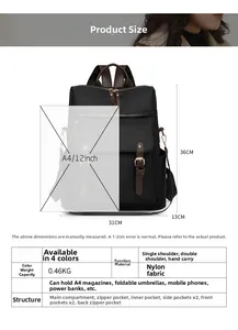 Tabella taglie dello zaino in nylon con misure 31x13x36 cm e peso leggero di 0,46 kg