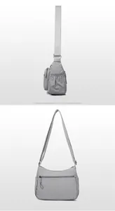 Détails de la vue latérale et arrière du sac bandoulière en nylon gris imperméable