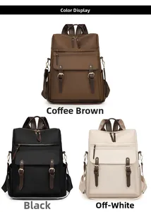 Tre zaini moda minimalisti mostrati nei colori marrone, nero e bianco crema