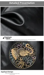 Detail of black lychee grain leather featuring a colorful ethnic elephant embroidery patch