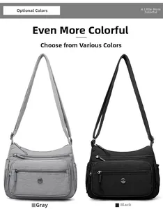 Vue de face des sacs à bandoulière en nylon noir et gris avec poches zippées