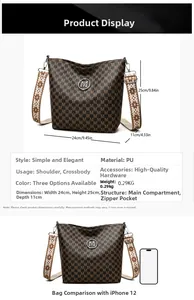 Tableau de taille détaillé du sac bandoulière vintage en PU avec motif M et comparaison