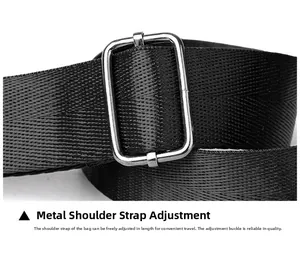 Macro detail of adjustable black nylon woven shoulder strap with silver metal buckle