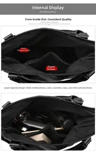 Detail view of large capacity interior with main compartment and zipper pocket in tote bag