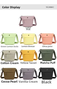 Detailed grid display of nylon crossbody bucket bags in ten vibrant minimalist colors