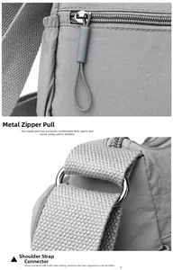 Détail du tissu en nylon gris avec tirette de fermeture éclair et anneau en D en métal