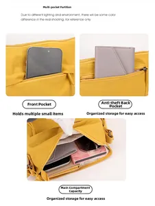 Detailed view of yellow nylon bucket bag showing front zip pocket and back anti-theft pouch