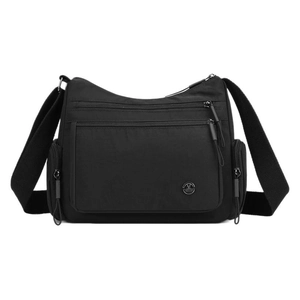 Large capacity black oxford fabric crossbody bag with multiple zippers and side pockets