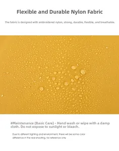 Close-up of waterproof yellow nylon fabric with water droplets and textured embroidery