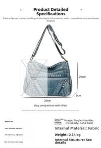 Detailed size chart of crossbody bag with measurements 26x20x9cm and iPad Mini comparison