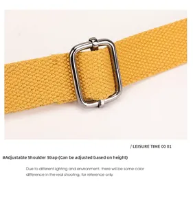Detail of adjustable bright yellow woven nylon strap with polished silver metal buckle