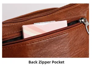 Detailed view of the back zipper pocket on a brown leather crossbody bag with card holder