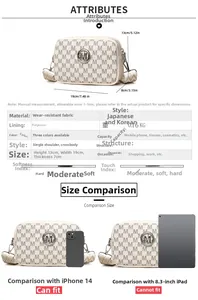 Comparaison de taille et détails du sac bandoulière M-logo, dimensions 19x13x8cm
