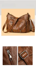 Detail view of brown vintage multi-pocket crossbody bag with soft PU leather and rivets