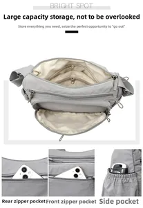 Detailed view of grey nylon crossbody bag showing multiple pockets and storage capacity