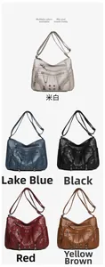 Detailed view of soft PU leather shoulder bags in five colors with multi-pocket design
