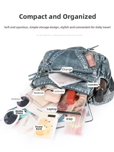 Spacious interior of blue denim crossbody bag showing multiple storage compartments