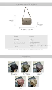 Detailed size chart and multi-color options for the casual canvas dumpling crossbody bag