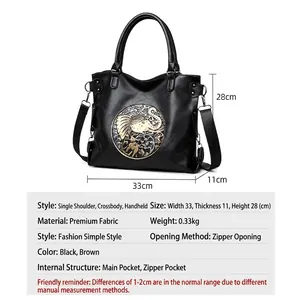 Elegant black leather tote bag with vintage elephant relief and detachable strap