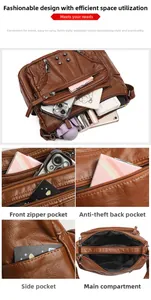 Detailed interior storage showing front, side, and anti-theft pockets of the brown bag