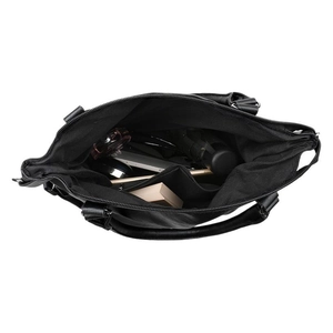 Black leather tote bag with large capacity interior showing phone and umbrella storage