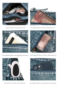 Detailed multi-pocket organization of washed denim crossbody bag showing large storage capacity