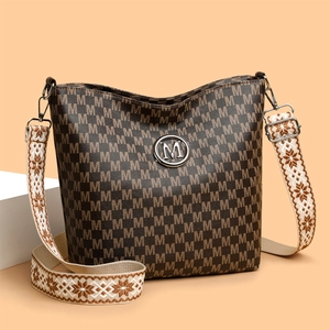 Sac Bandoulière Femme Cuir PU Imprimé Monogramme M Rétro Grande Capacité Large Bandoulière Jacquard Mode