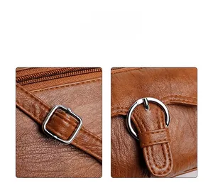 Detail of brown faux leather bag showing silver metal buckle and precision stitching