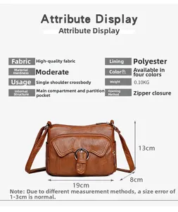 Detailed size specifications of the brown PU leather shoulder bag with multi-pocket design