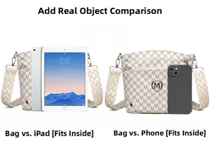 Detail view of large capacity beige crossbody bag with M print fitting iPad and phone