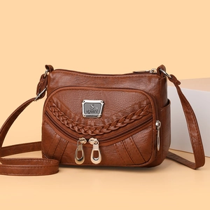 Women Crossbody Bag Soft PU Leather Multi Pocket Shoulder Bag Retro Pebbled Texture With Woven Decor Multi Zipper Fashion