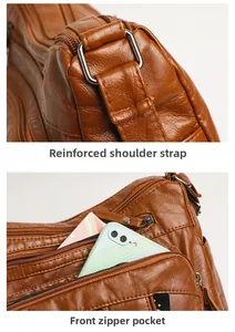 Detail of reinforced shoulder strap metal D-ring and multi-layered front zipper pockets