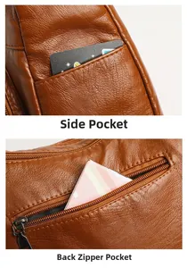Detailed view of the side pocket and rear metal zipper on this brown leather crossbody bag