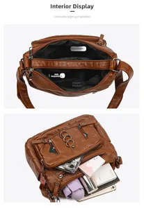 Internal view showing multiple pockets and large storage capacity of the brown PU leather bag